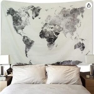 Watercolor World Map Tapestry Gray Map Splatter Painting Tapestry Wall Hanging